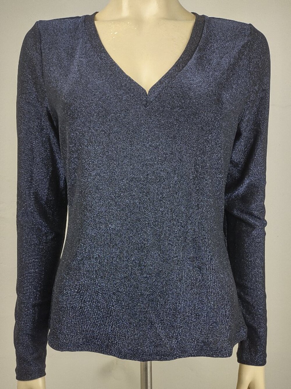 NWT White House Black Market WHBM blue metallic long sleeve V-Neck top Medium